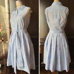 Tommy Hilfiger ALine Dress Cotton Tailored Fit Sleeveless Belted Blue Stripe S 4